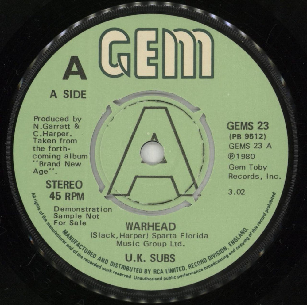 U.K. Subs Warhead UK Promo 7" vinyl single (7 inch record / 45) UKS07WA864155