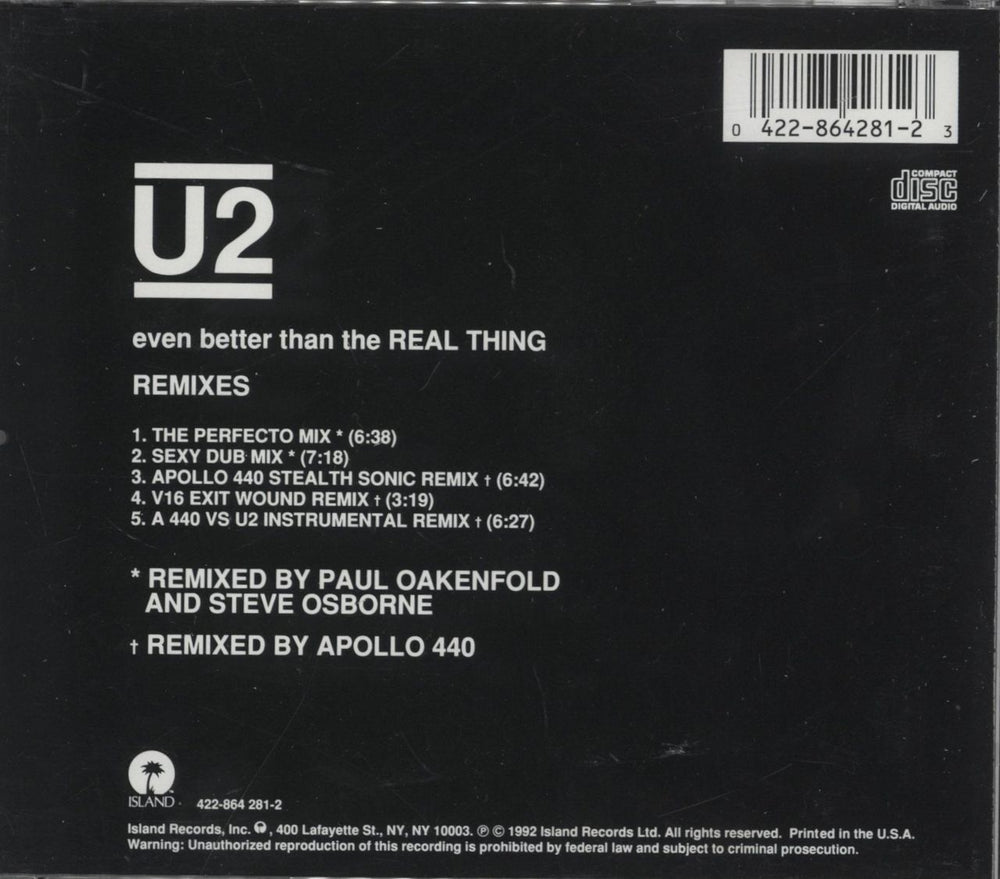 U2 Even Better Than The Real Thing - Remixes US CD single (CD5 / 5") 042286428123