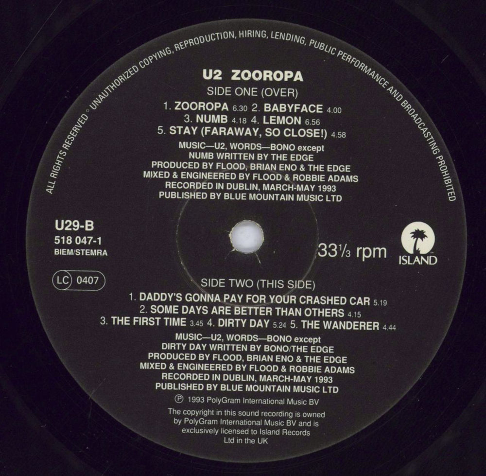 U2 Zooropa - 1st - VG UK vinyl LP album (LP record) U-2LPZO831095