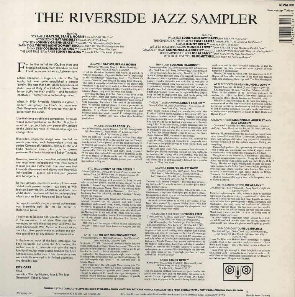 Various-Jazz The Riverside Jazz Sampler UK vinyl LP album (LP record) 029667470117