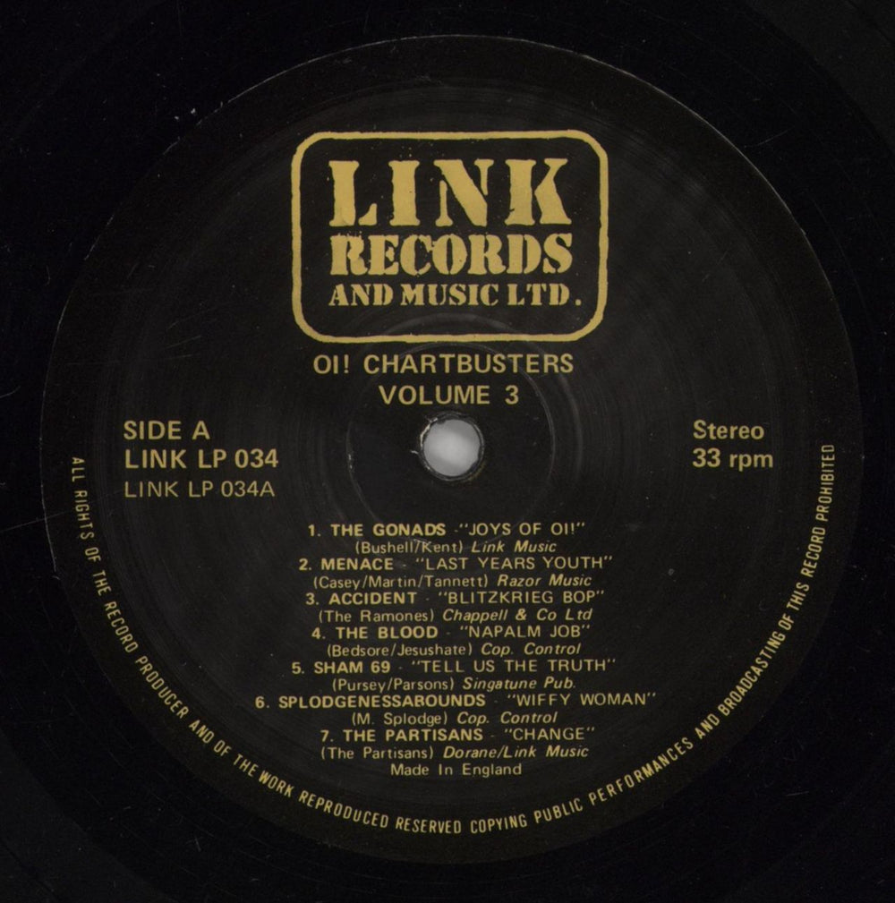 Various-Punk & New Wave Oi! Chartbusters Volume 3 UK vinyl LP album (LP record) PVALPOI860476