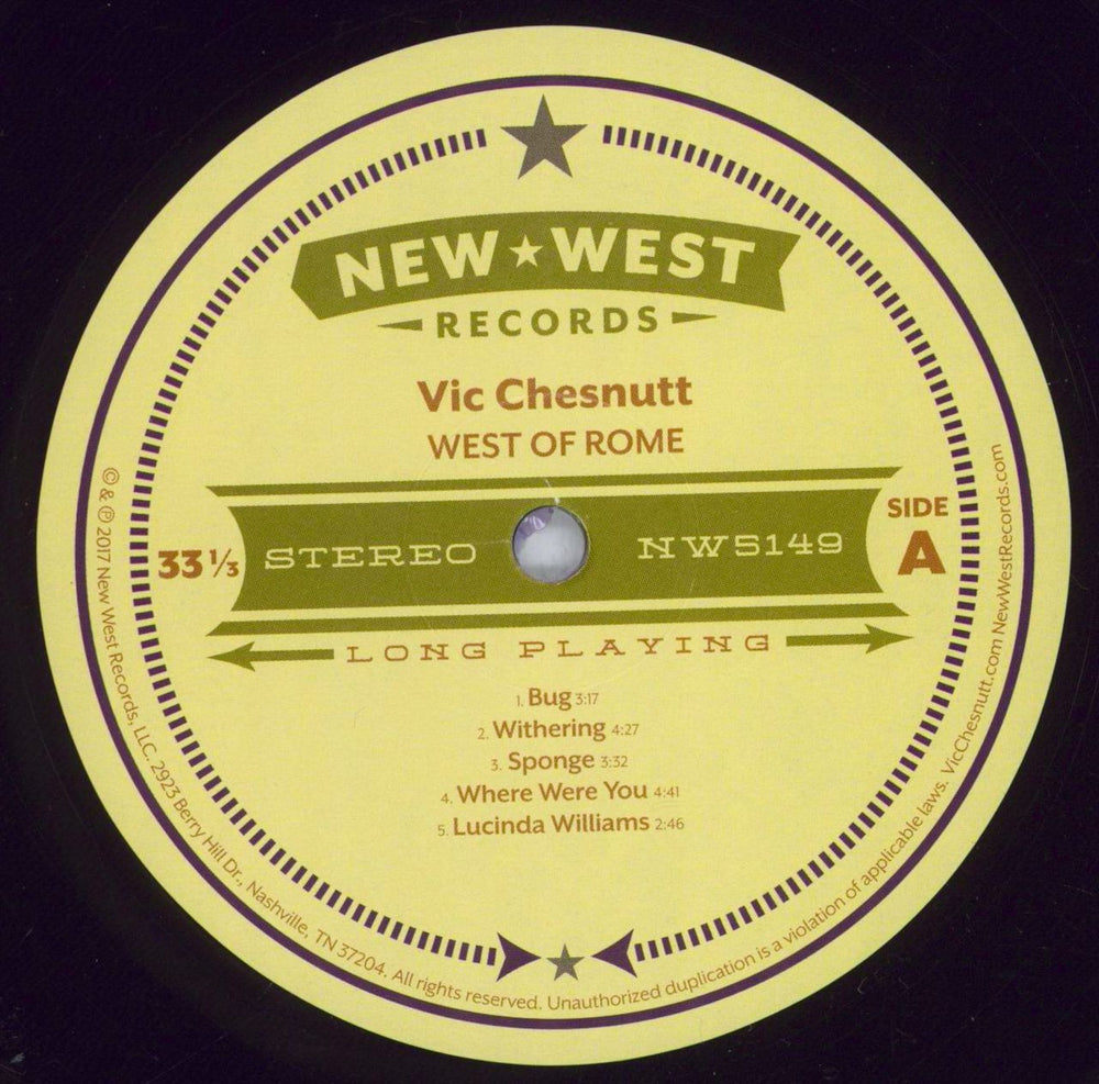 Vic Chestnutt West Of Rome - 180gram Vinyl US 2-LP vinyl record set (Double LP Album) 03C2LWE832664