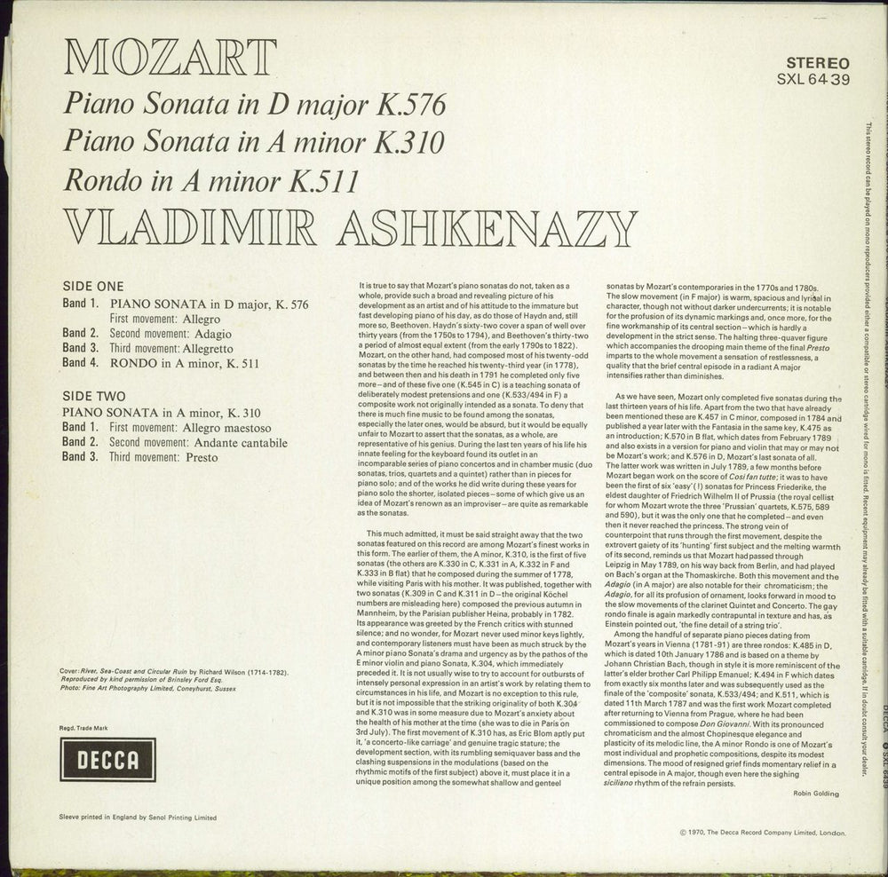 Vladimir Ashkenazy Mozart: Piano Sonata in D Major, K.576 / Piano Sonata in A Minor, K.310 / Rondo in A Minor, K.511 UK vinyl LP album (LP record)