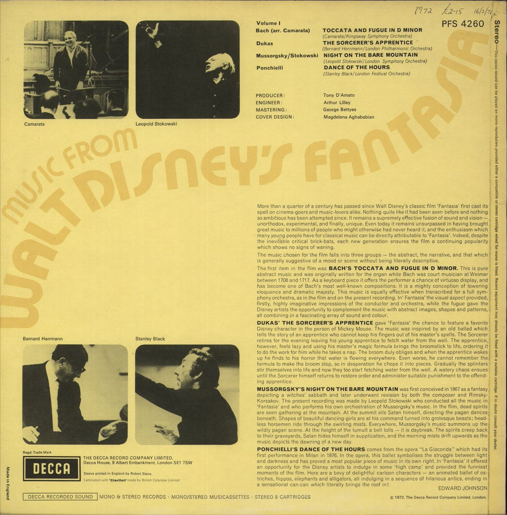 Walt Disney Music From Walt Disney's Fantasia UK vinyl LP album (LP record)