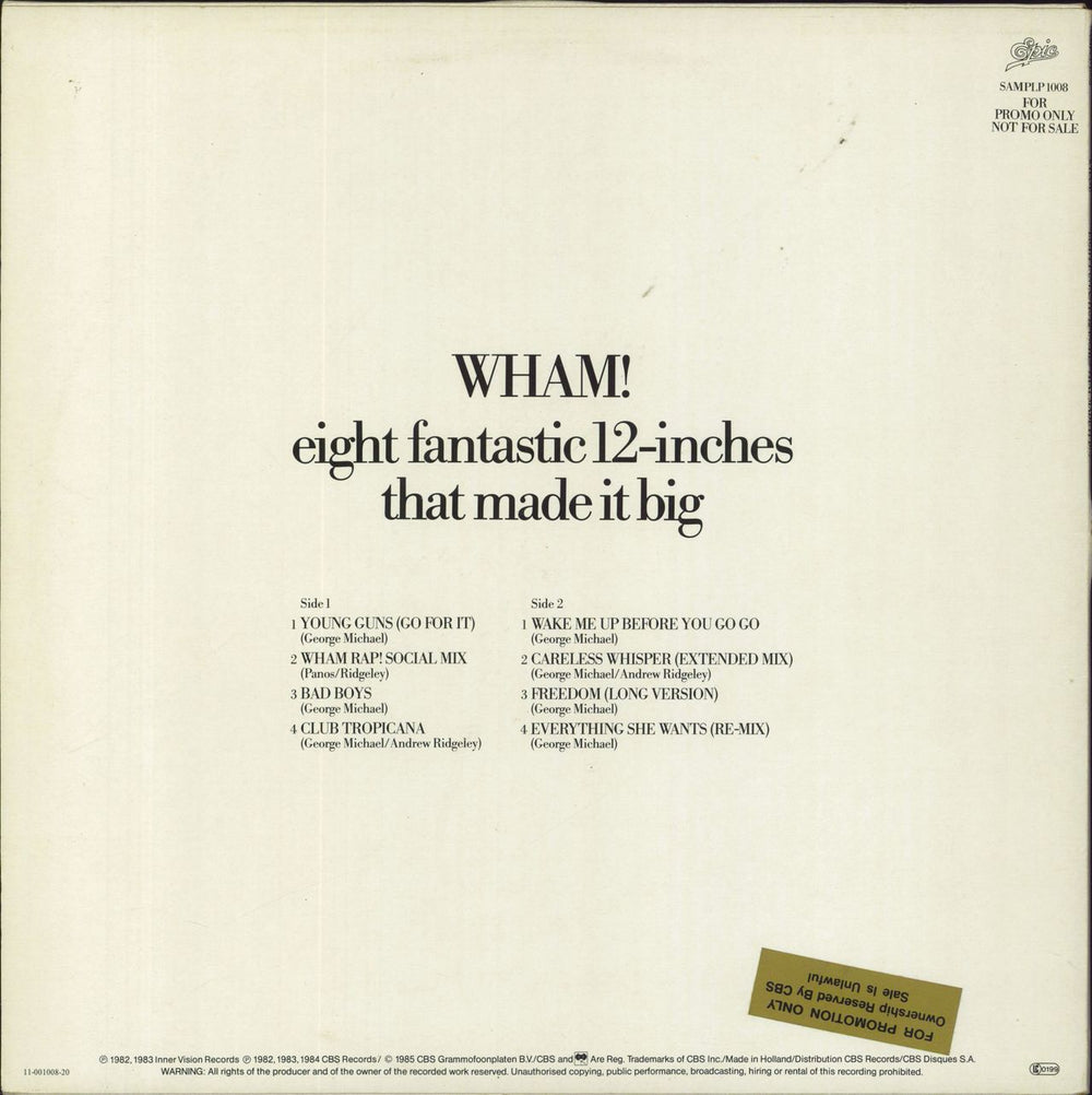 Wham Eight Fantastic 12-inches That Made It Big Dutch Promo vinyl LP album (LP record)