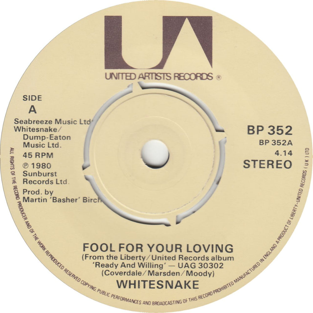 Whitesnake Fool For Your Loving UK 7" vinyl single (7 inch record / 45) WHI07FO106310