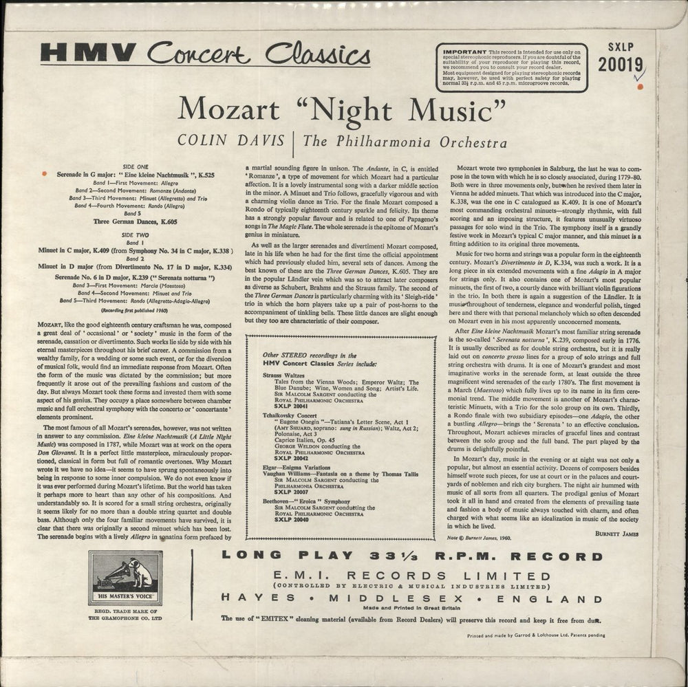 Wolfgang Amadeus Mozart Night Music UK vinyl LP album (LP record)