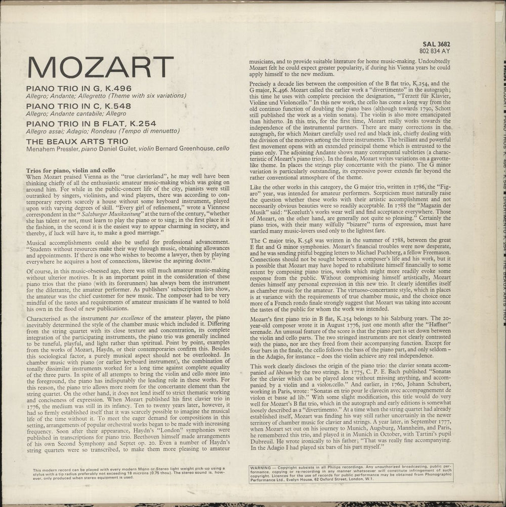 Wolfgang Amadeus Mozart Piano Trio (Sonata) In G, K. 496 / Piano Trio In C, K. 548 / Divertimento A3 In B Flat, K. 254 UK vinyl LP album (LP record)