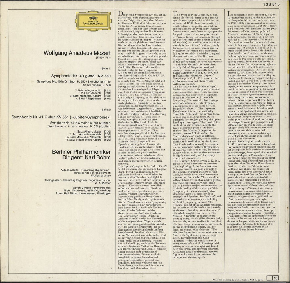 Wolfgang Amadeus Mozart Symphonien Nr. 40 G-moll & Nr. 41 'Jupiter' German vinyl LP album (LP record)