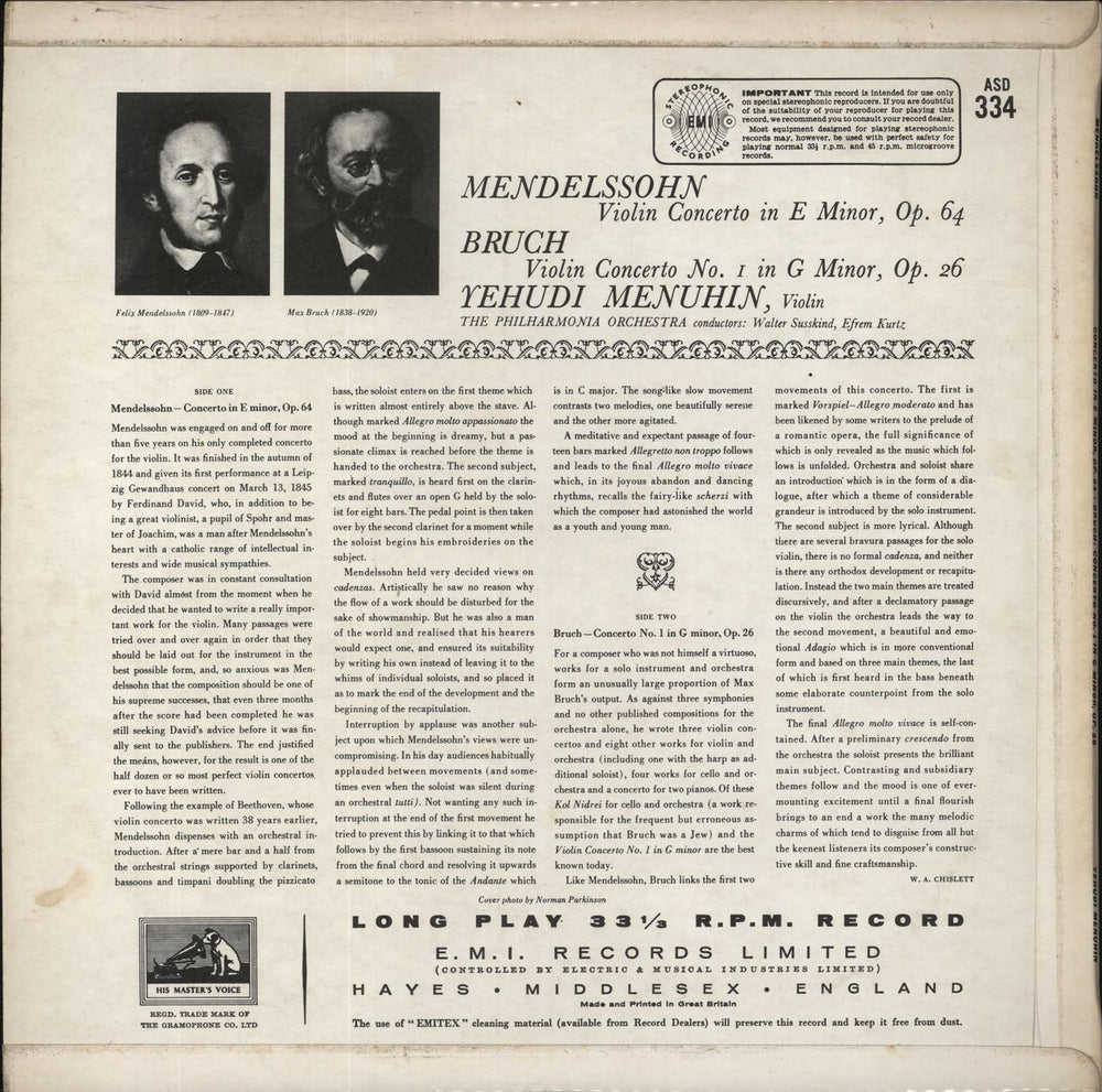 Yehudi Menuhin Mendelssohn: Concerto in E Minor, Op.64 / Bruch: Concerto No.1 in G Minor, Op.26 UK vinyl LP album (LP record)