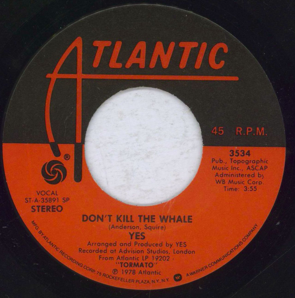 Yes Don't Kill The Whale US 7" vinyl single (7 inch record / 45) 3534