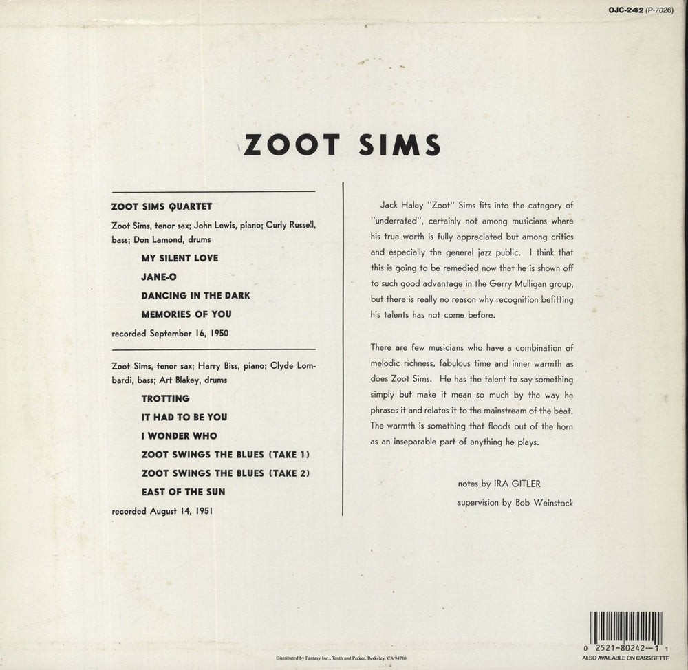 Zoot Sims Quartets US vinyl LP album (LP record)