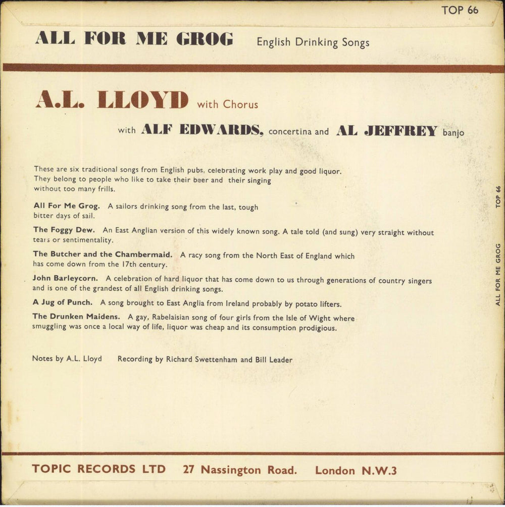 A.L. Lloyd All For Me Grog UK 7" vinyl single (7 inch record / 45)