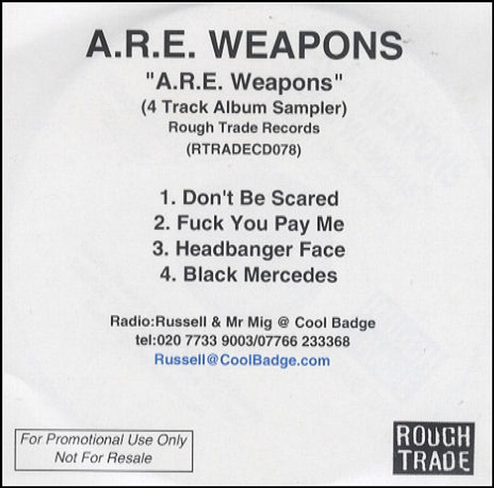 A.R.E. Weapons A.R.E. Weapons - 4 Track Album Sampler UK Promo CD-R acetate CD-R ACETATE