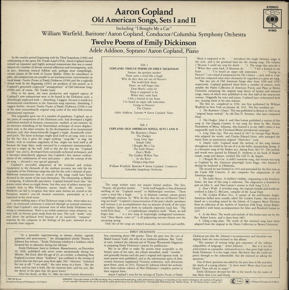 Aaron Copland Old American Songs, Sets I And II / Twelve Poems Of Emily Dickinson UK vinyl LP album (LP record)