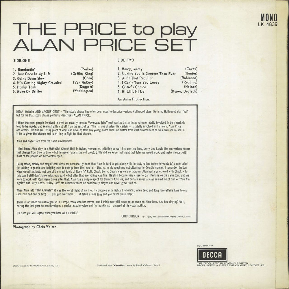 Alan Price The Price To Pay UK vinyl LP album (LP record)