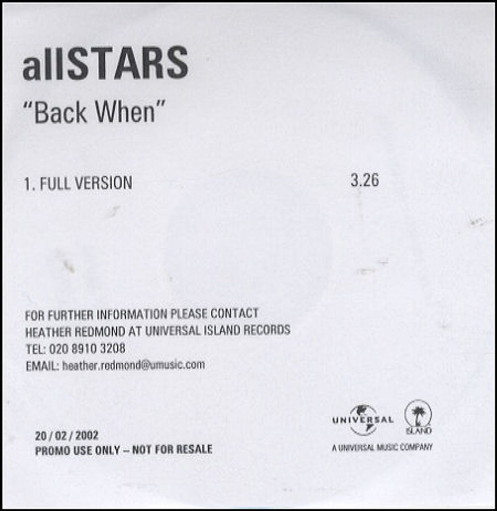 AllStars Back When UK Promo CD-R acetate CDR ACETATE