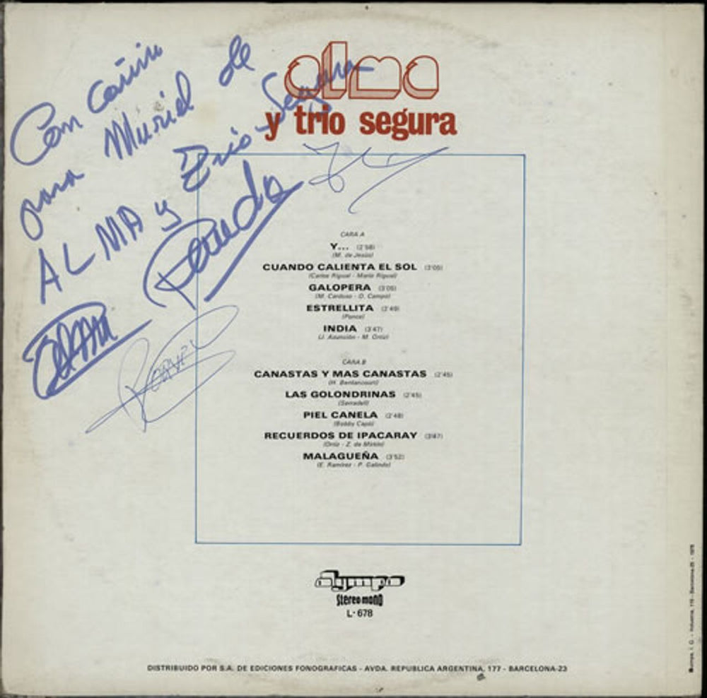 Alma Y Trio Segura Alma Y Trio Segura - Fully Autographed Spanish vinyl LP album (LP record) GZQLPAL634008