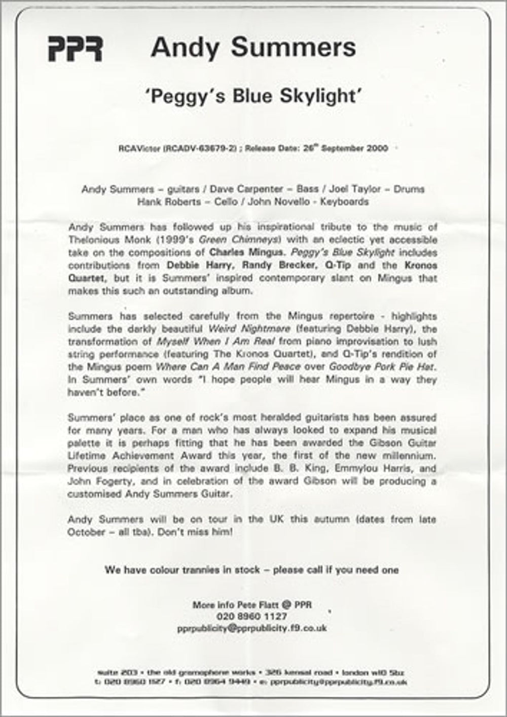 Andy Summers Peggy's Blue Skylight US Promo CD album (CDLP) ADSCDPE165756