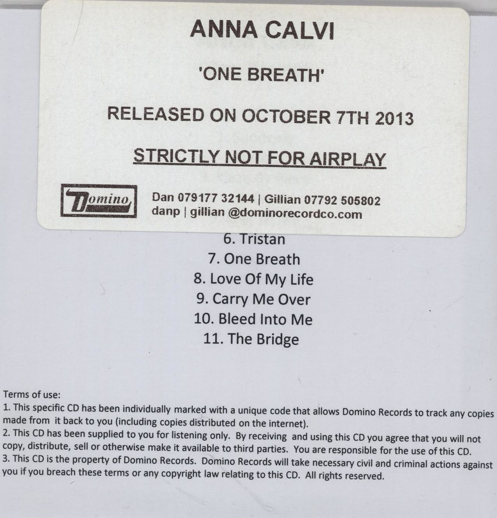 Anna Calvi One Breath UK Promo CD-R acetate CD-R