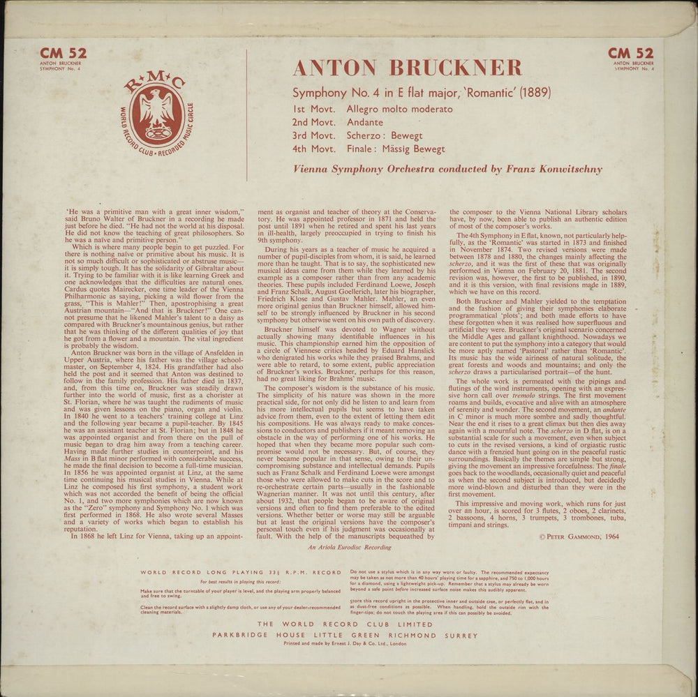 Anton Bruckner Symphony No. 4 in E Flat Major, 'Romantic' UK vinyl LP album (LP record)