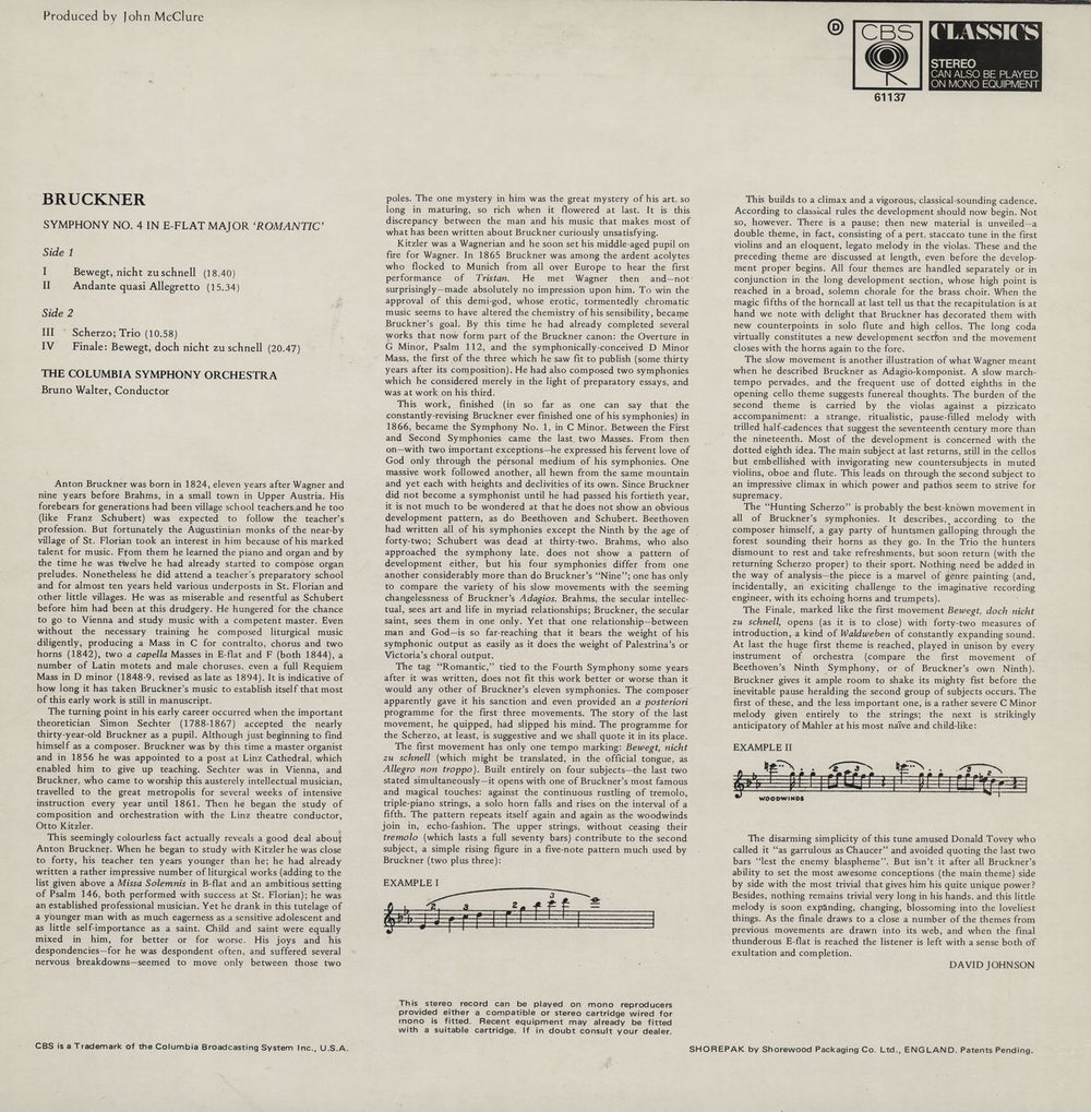 Anton Bruckner Symphony No. 4 in E-Flat Major 'Romantic' UK vinyl LP album (LP record)