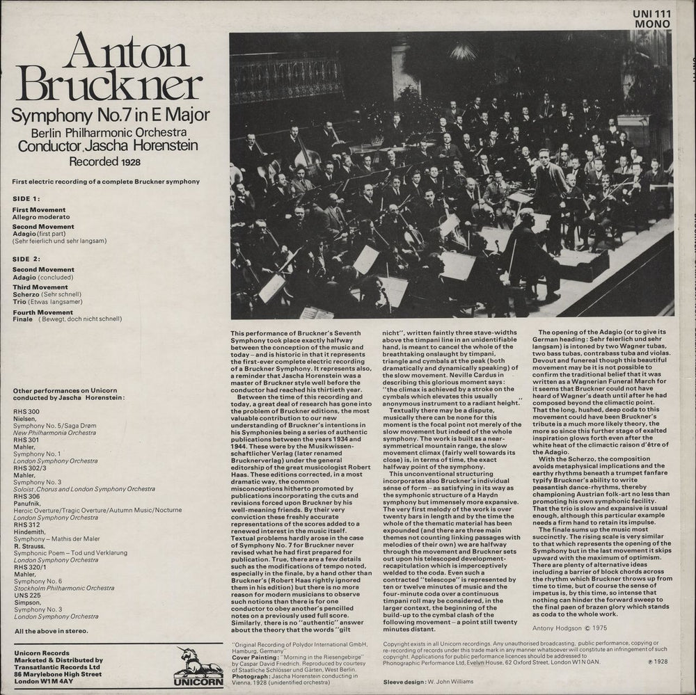 Anton Bruckner Symphony No. 7 in E Major UK vinyl LP album (LP record)