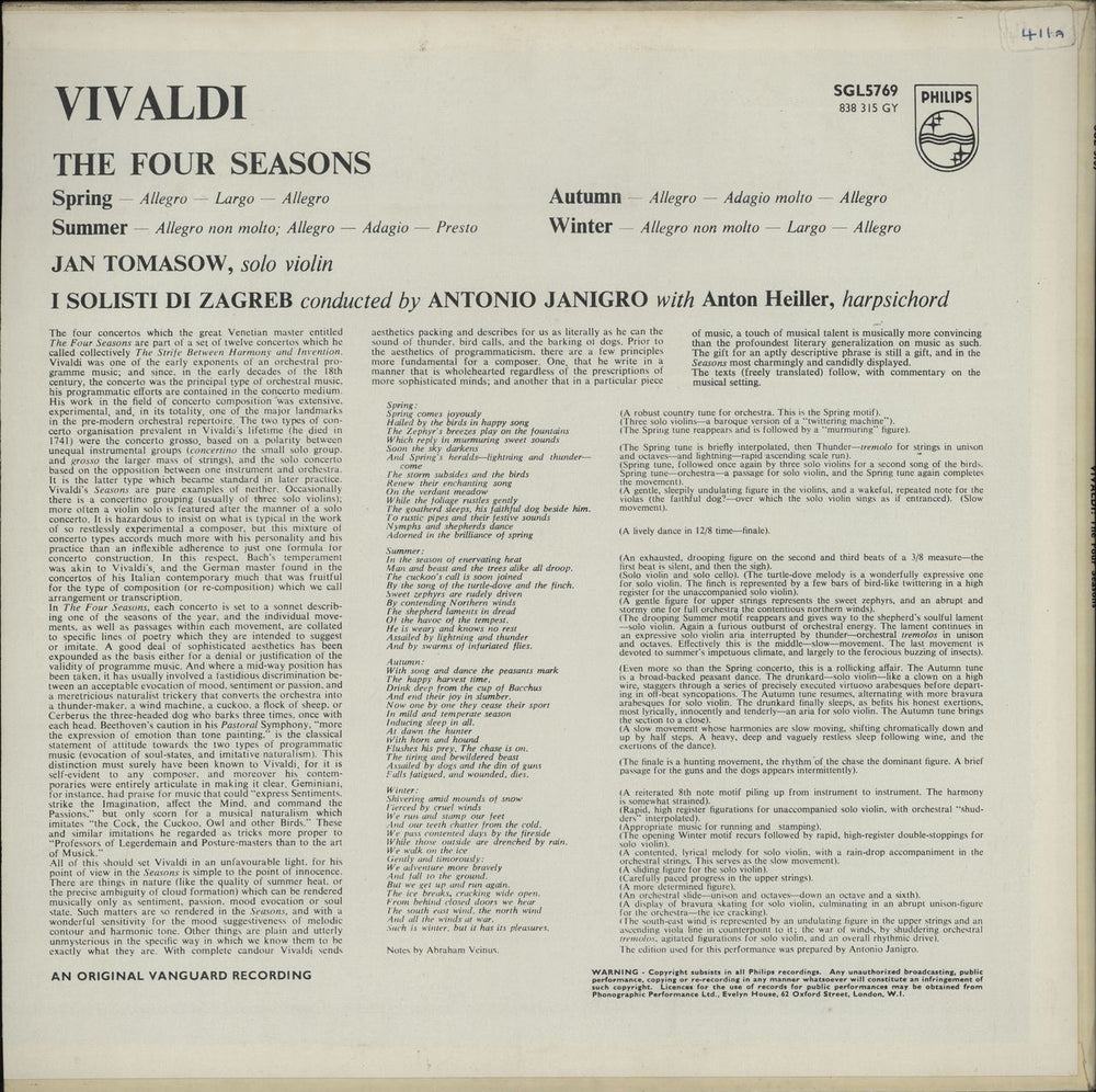 Antonio Vivaldi The Four Seasons UK vinyl LP album (LP record)