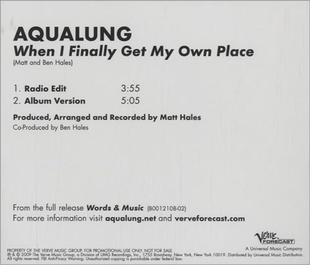 Aqualung When I Finally Get My Own Place US Promo CD single (CD5 / 5") VERR01643-2