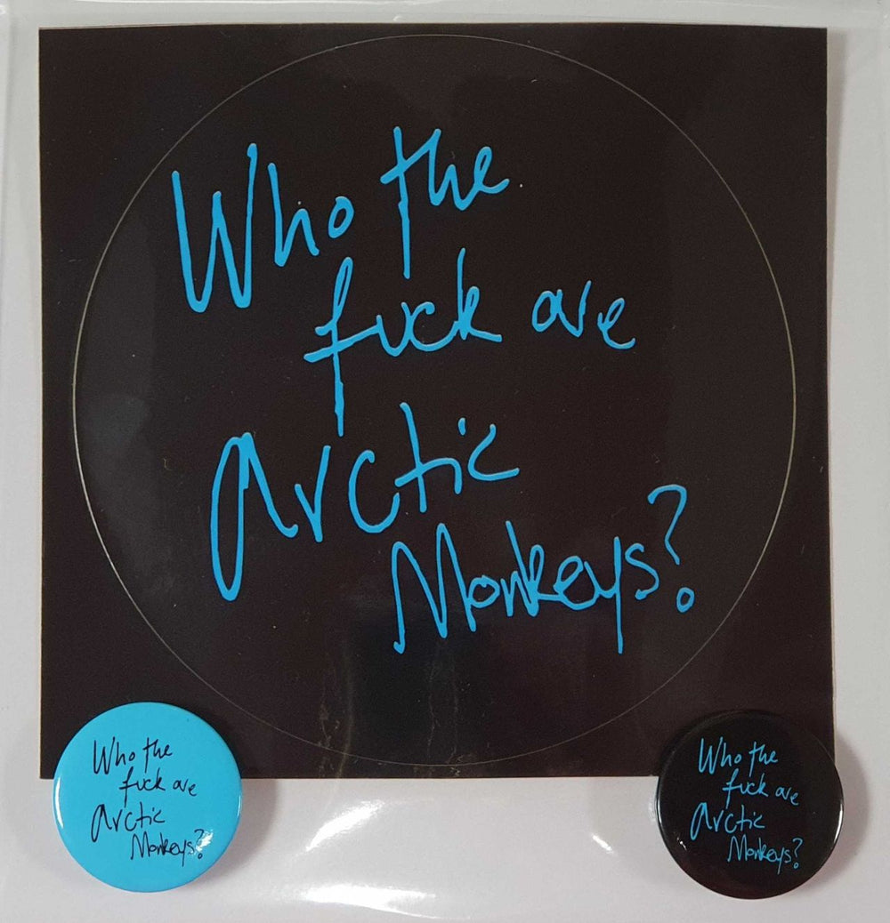 Arctic Monkeys Who The Fuck Are Arctic Monkeys? Pair Of Blue & Black Badges UK Promo badge BADGES & STICKER SET