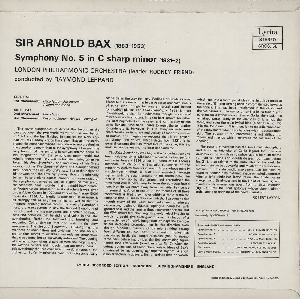 Arnold Bax Symphony No. 5 UK vinyl LP album (LP record)