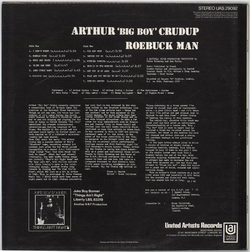 Arthur 'Big Boy' Crudup Roebuck Man UK vinyl LP album (LP record)