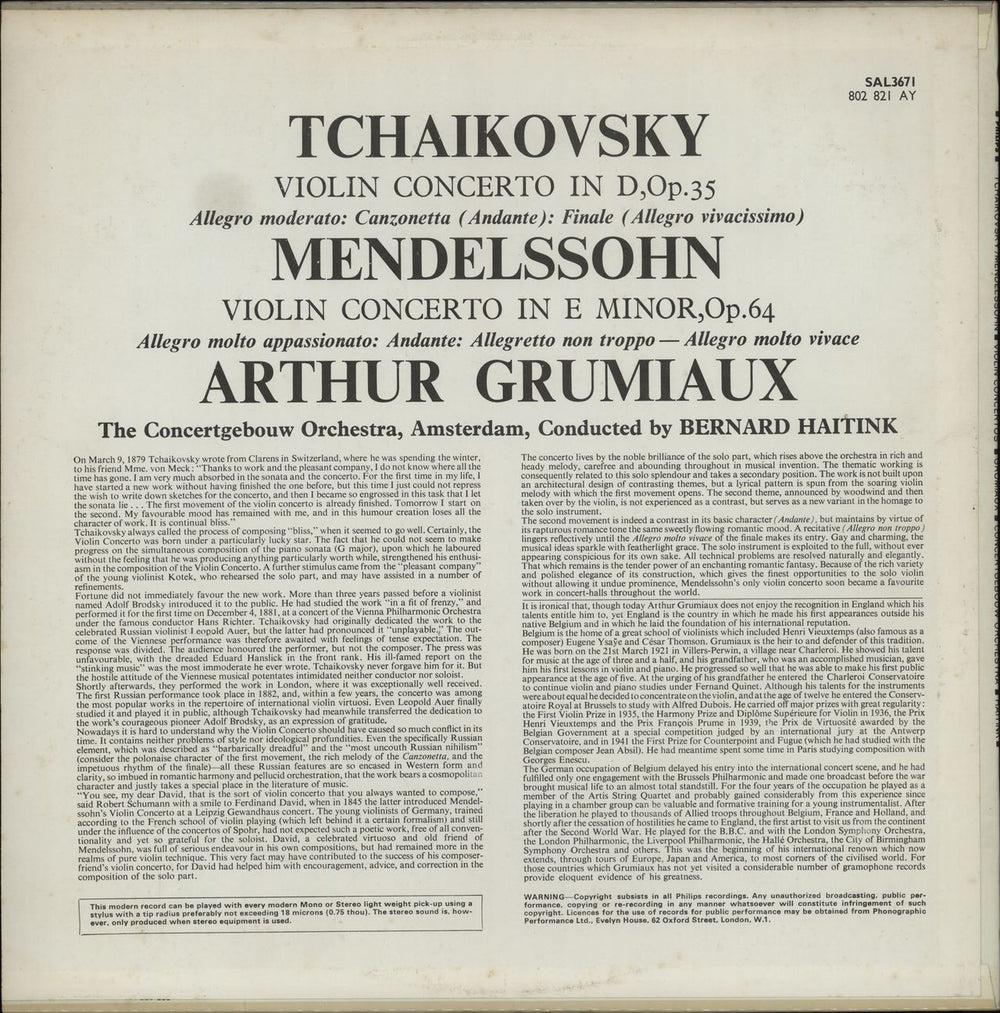 Arthur Grumiaux Violin Concertos UK vinyl LP album (LP record)