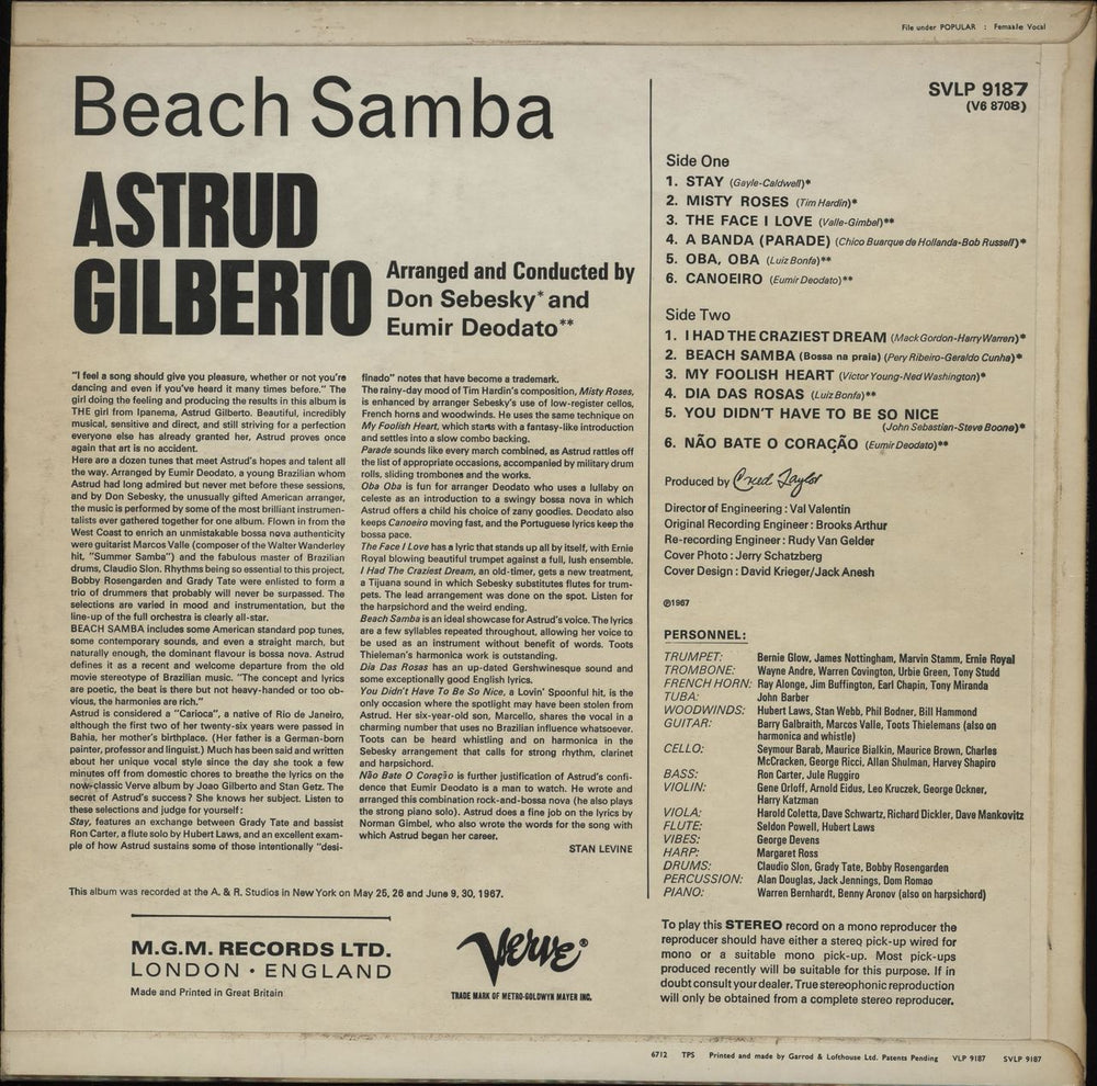 Astrud Gilberto Beach Samba UK vinyl LP album (LP record)