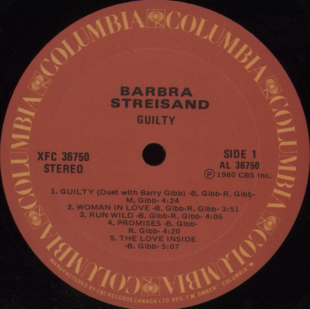 Barbra Streisand Guilty Canadian vinyl LP album (LP record) BARLPGU317229