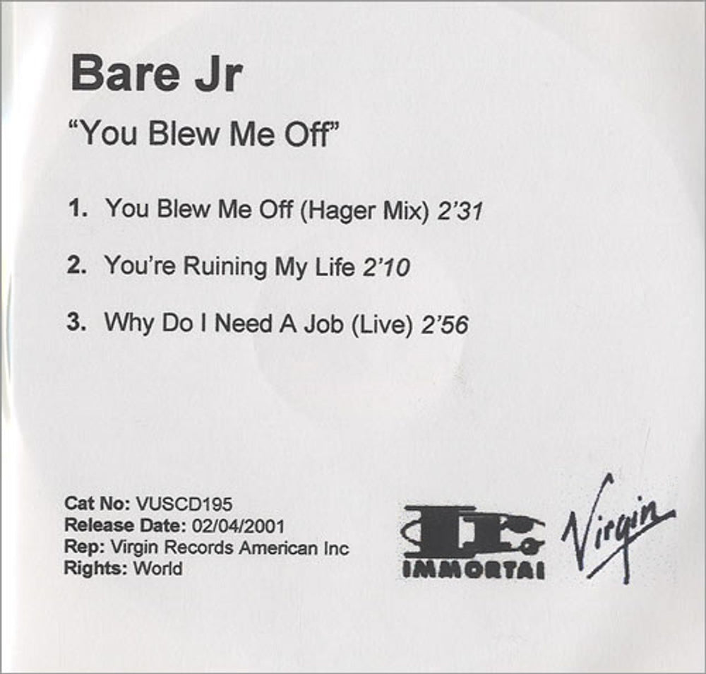 Bare Jr. You Blew Me Off UK Promo CD-R acetate CD-R ACETATE
