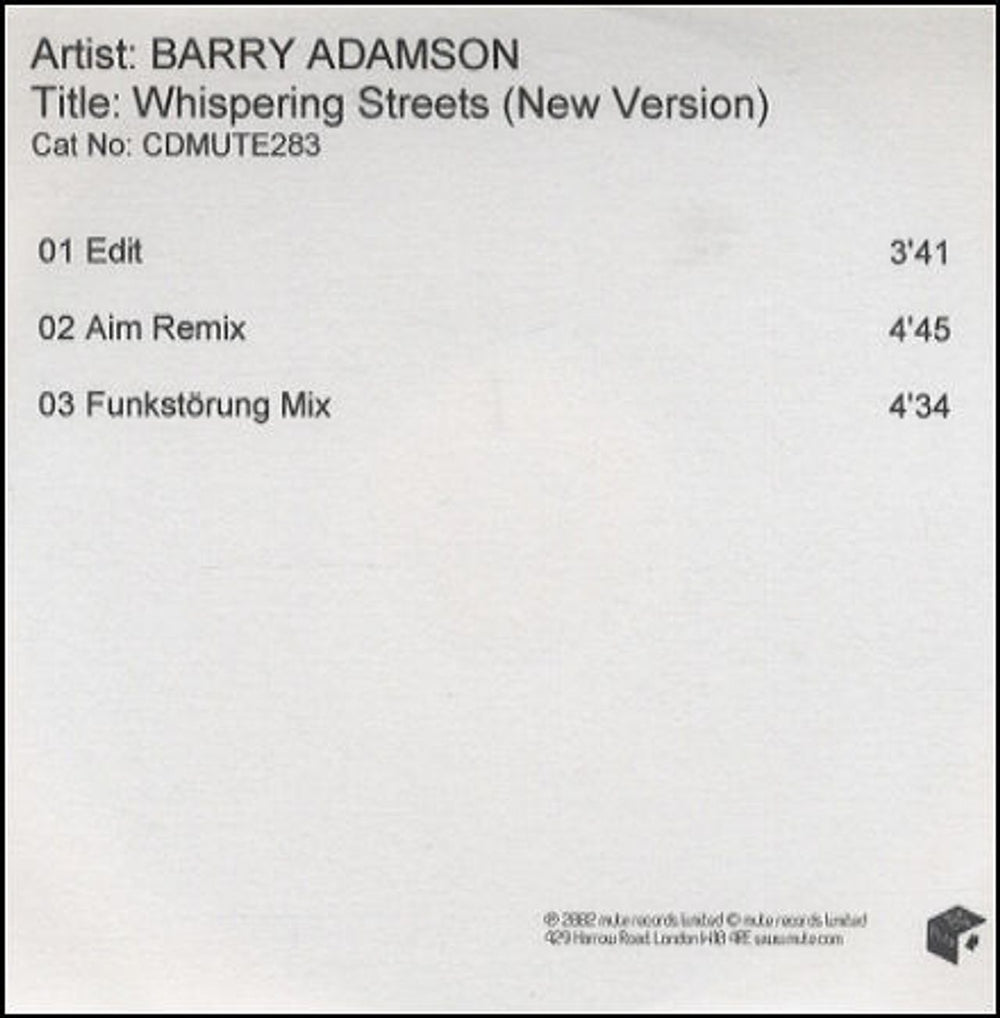 Barry Adamson Whispering Streets (New Version) UK Promo CD-R acetate CD-R ACETATE