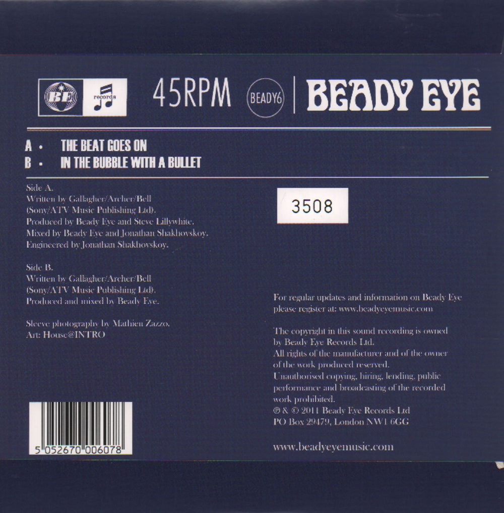 Beady Eye The Beat Goes On - Numbered Sleeve UK 7" vinyl single (7 inch record / 45) B8A07TH680247