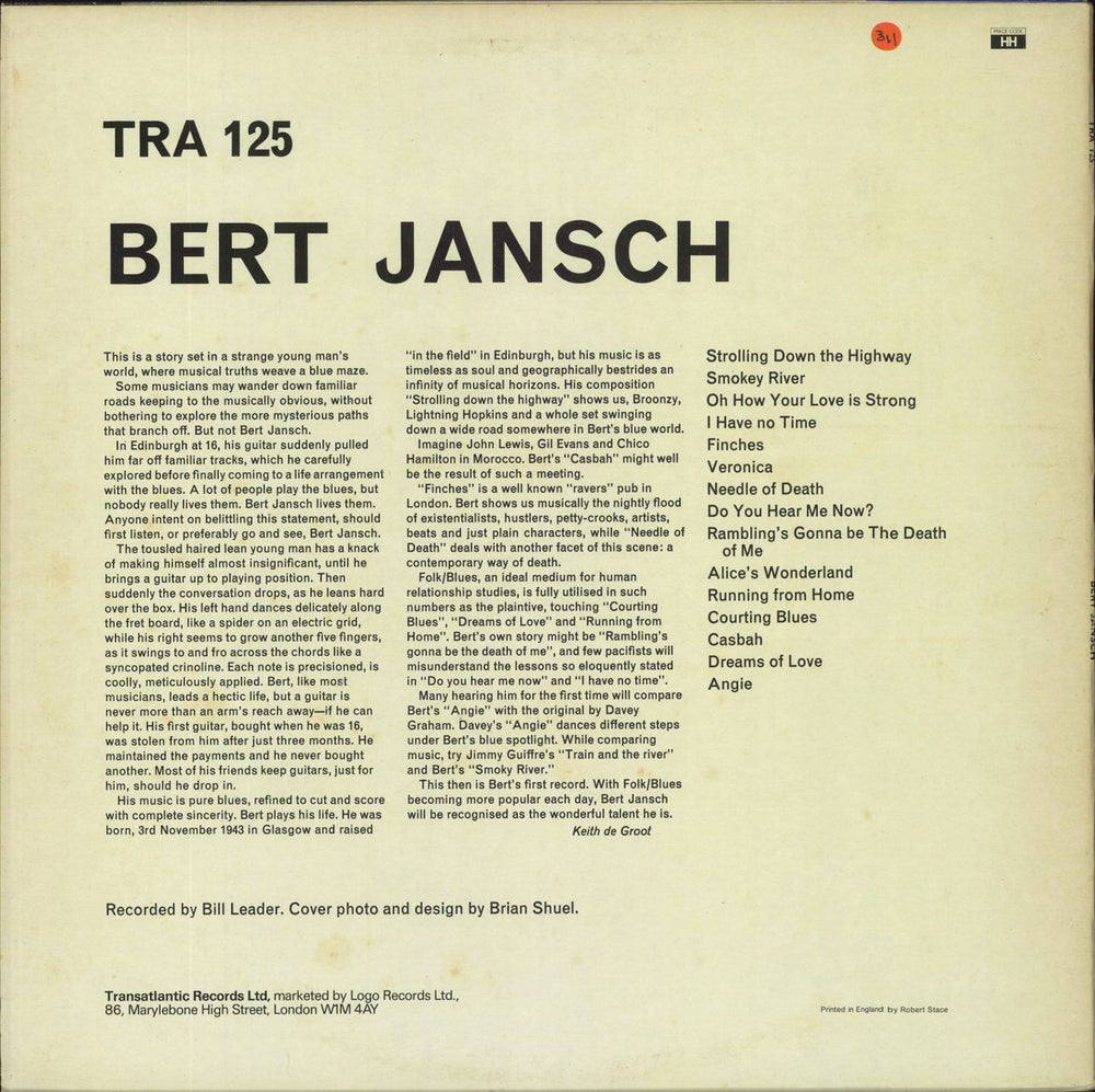 Bert Jansch Bert Jansch - Matte Sleeve UK vinyl LP album (LP record)