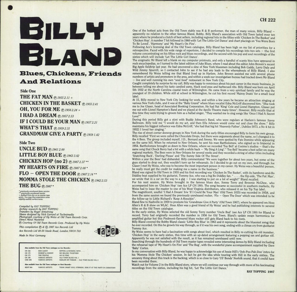 Billy Bland Blues, Chickens, Friends And Relations UK vinyl LP album (LP record)