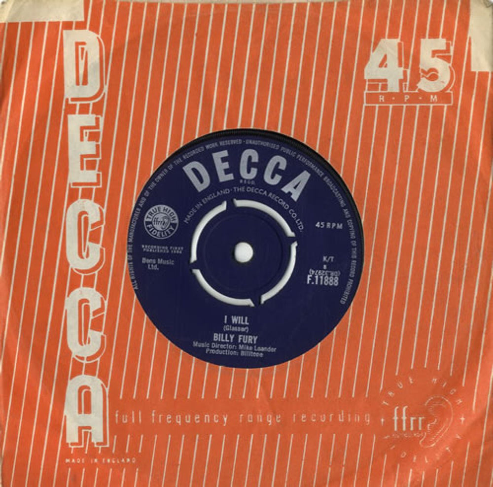 Billy Fury I Will UK 7" vinyl single (7 inch record / 45) F.11888