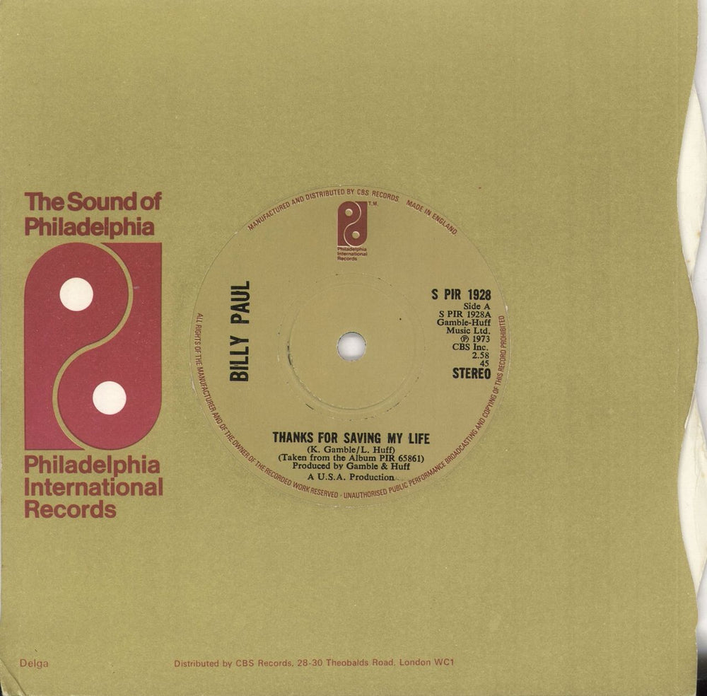 Billy Paul Thanks For Saving My Life - Solid UK 7" vinyl single (7 inch record / 45) SPIR1928