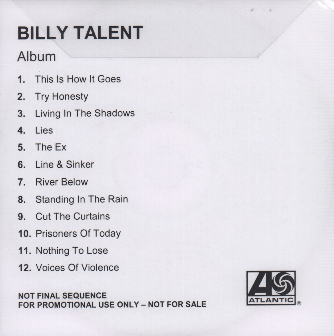 Billy Talent Album Uk Promo Cd R Acetate —