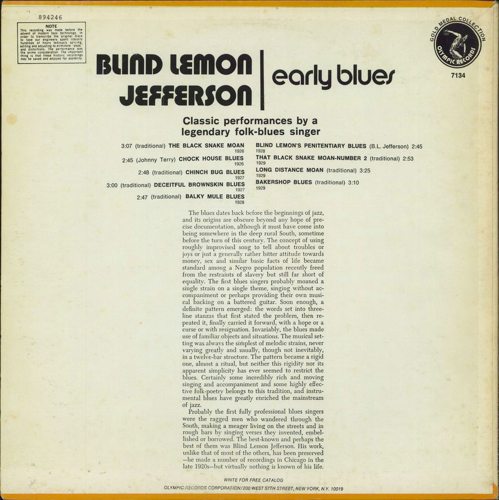 Blind Lemon Jefferson Early Blues US vinyl LP album (LP record)