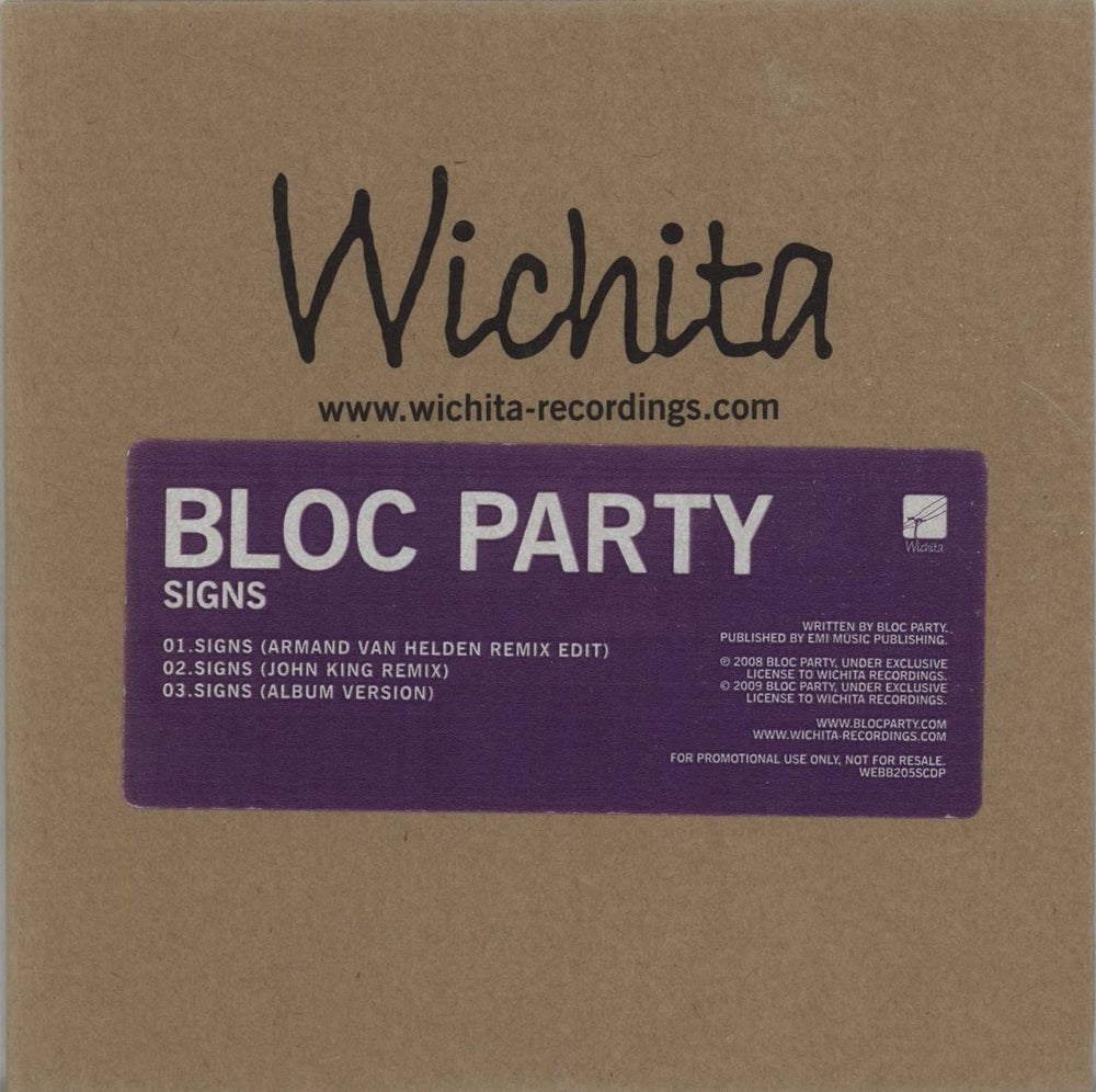 Bloc Party Signs UK Promo CD single (CD5 / 5") WEBB205SCDP