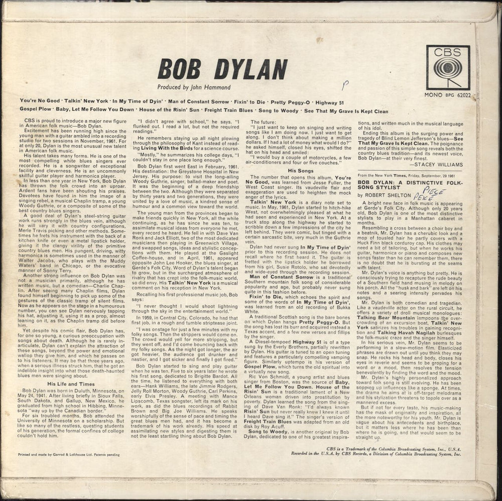 Bob Dylan Bob Dylan - G - CBS Pressing UK vinyl LP album (LP record) DYLLPBO819306