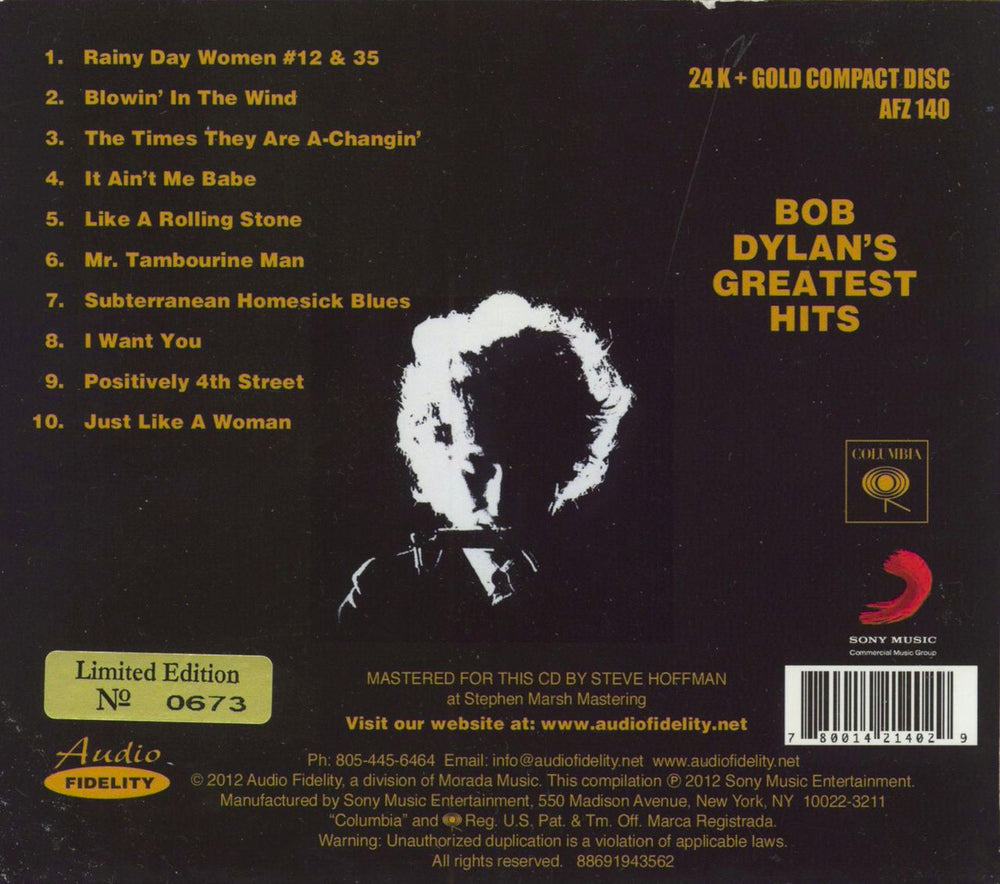 Bob Dylan Bob Dylan's Greatest Hits - Gold US CD album (CDLP) 780014214029