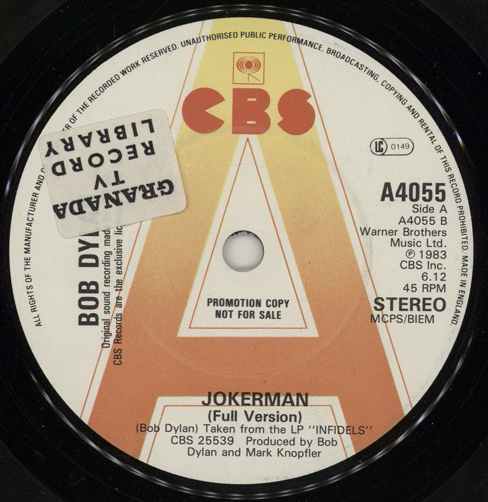 Bob Dylan Jokerman - 'A' Label - Granada UK 7" vinyl single (7 inch record / 45) A4055