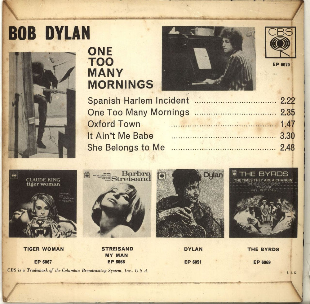Bob Dylan One Too Many Mornings E.P. - VG UK 7" vinyl single (7 inch record / 45) DYL07ON645161