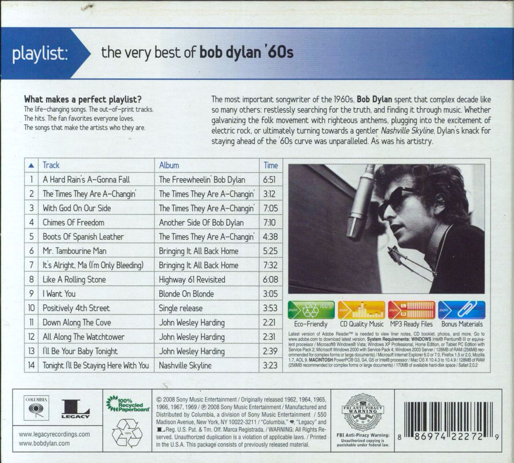 Bob Dylan Playlist: The Very Best Of Bob Dylan '60s US CD album (CDLP) 886974222729